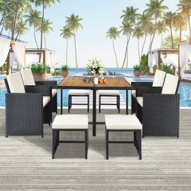 Patio All-Weather PE Wicker Dining Table Set with Wood Tabletop for 8;  Black Rattan+Beige Cushion (9-Piece)