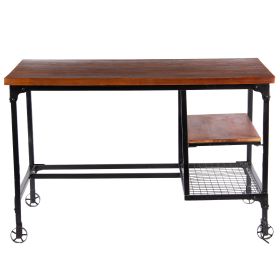 Industrial Style Wood and Metal Desk with Two Bottom Shelves; Brown and Black