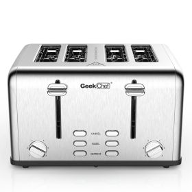 Toaster 4 Slice; Geek Chef Stainless Steel Extra-Wide Slot Toaster with Dual Control Panels of Bagel/Defrost/Cancel Function; 6 Toasting Bread Shade S