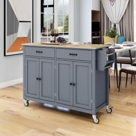 Kitchen Island Cart with Solid Wood Top and Locking Wheels; 54.3 Inch Width; 4 Door Cabinet and Two Drawers; Spice Rack; Towel Rack (Grey Blue)