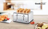 Toaster 4 Slice; Geek Chef Stainless Steel Extra-Wide Slot Toaster with Dual Control Panels of Bagel/Defrost/Cancel Function; 6 Toasting Bread Shade S