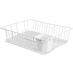 MegaChef 17.5 Inch White Single Level Dish Rack with 14 Plate Positioners and a Detachable Utensil Holder