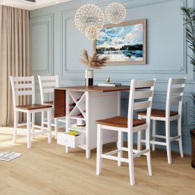 Farmhouse Wood Counter Height 5-Piece Dining Table Set with Drop Leaf, Kitchen Set with Wine Rack and Drawers for Small Places (Main Color: White+WalnutMain MaterialSolid Wood)