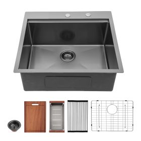 Lordear Drop In Workstation Sink Topmount 16 Gauge Stainless Steel Single Bowl Gunmetal Black Kitchen Sink (Color: Gunmetal Black, size: 28)