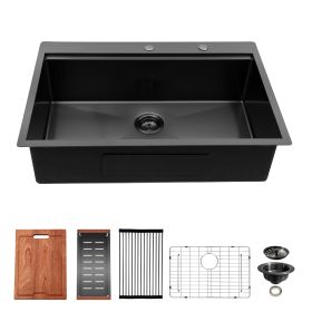 Lordear Drop In Workstation Sink Topmount 16 Gauge Stainless Steel Single Bowl Gunmetal Black Kitchen Sink (Color: Gunmetal Black, size: 30)