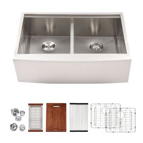 Lordear 33 Inch Farmhouse Sink 16 Gauge Kitchen Sink Apron Front Double Bowl Low Divide Workstation Stainless Steel Sink (Design: 50/50)