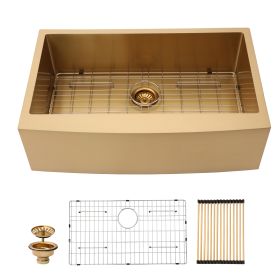 Lordear Gold Farmhouse Sink 16 Gauge Kitchen Sink Apron Front Single Bowl Rose Gold Stainless Steel Sink (Color: Gold, size: 33)