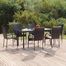 7 Piece Patio Dining Set Black Poly Rattan (Color: Black)