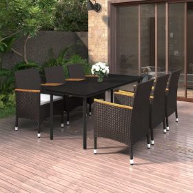 7 Piece Patio Dining Set with Cushions Poly Rattan and Glass (Color: Black)