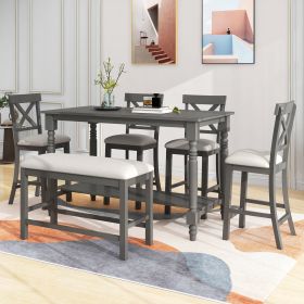 6-Piece Counter Height Dining Table Set Table with Shelf 4 Chairs and Bench for Dining Room (Color: gray)