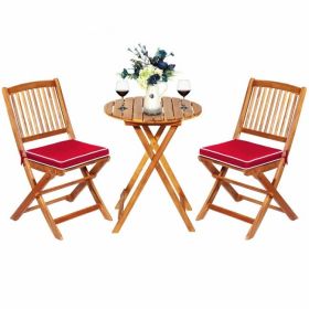 3 Pieces Patio Folding Wooden Bistro Set Cushioned Chair (Color: Red)