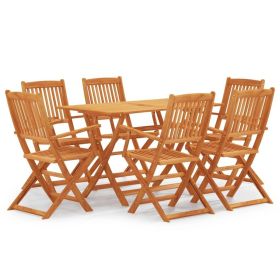 7 Piece Folding Patio Dining Set Solid Eucalyptus Wood (Color: Brown)