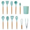 11Pcs Silicone Cooking Utensil Set Heat Resist Wooden Handle Silicone Spatula Turner Ladle Spaghetti Server Tongs